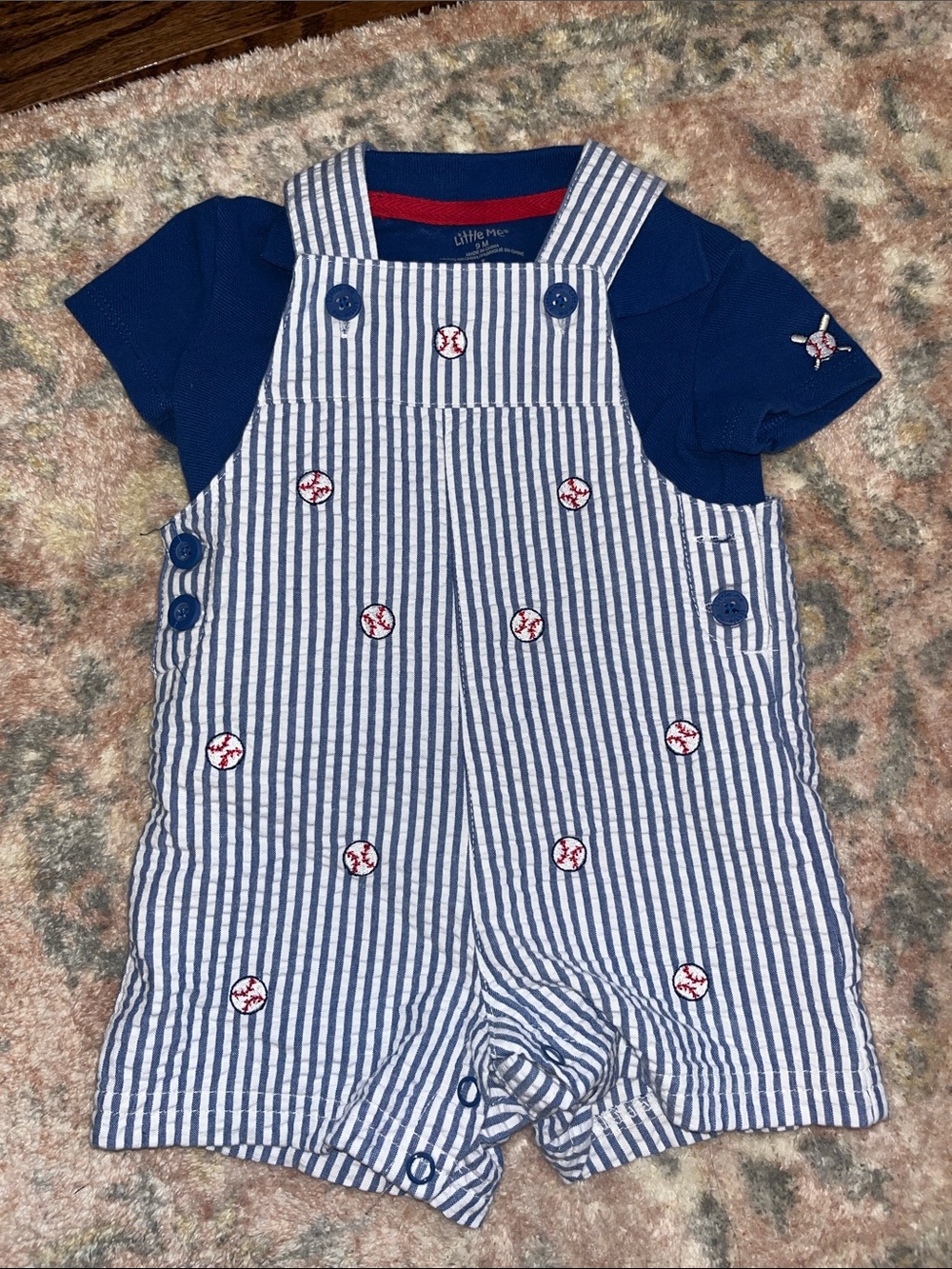Little Me Navy & White Striped Baseball Overalls w/ Matching Collared Shirt 9M